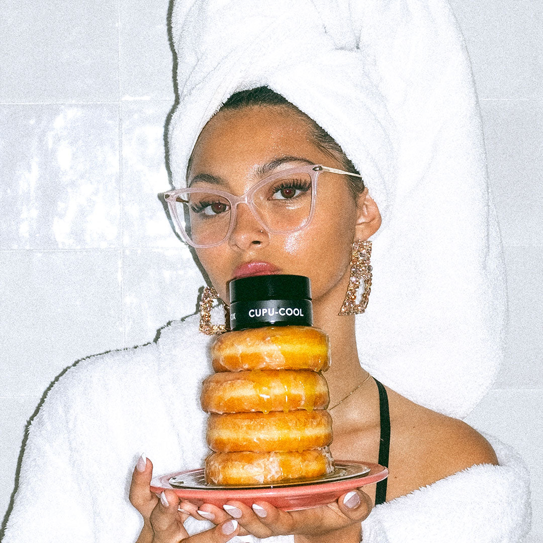 platter of donuts with LILFOX Cupu Cool Hyaluronic Balm + Moisture Mask on top